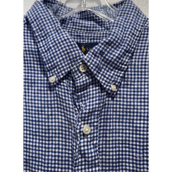 Ralph Lauren Men’s XL Blue White Check Print Linen Button Up Short Sleeve Shirt - Picture 6 of 7